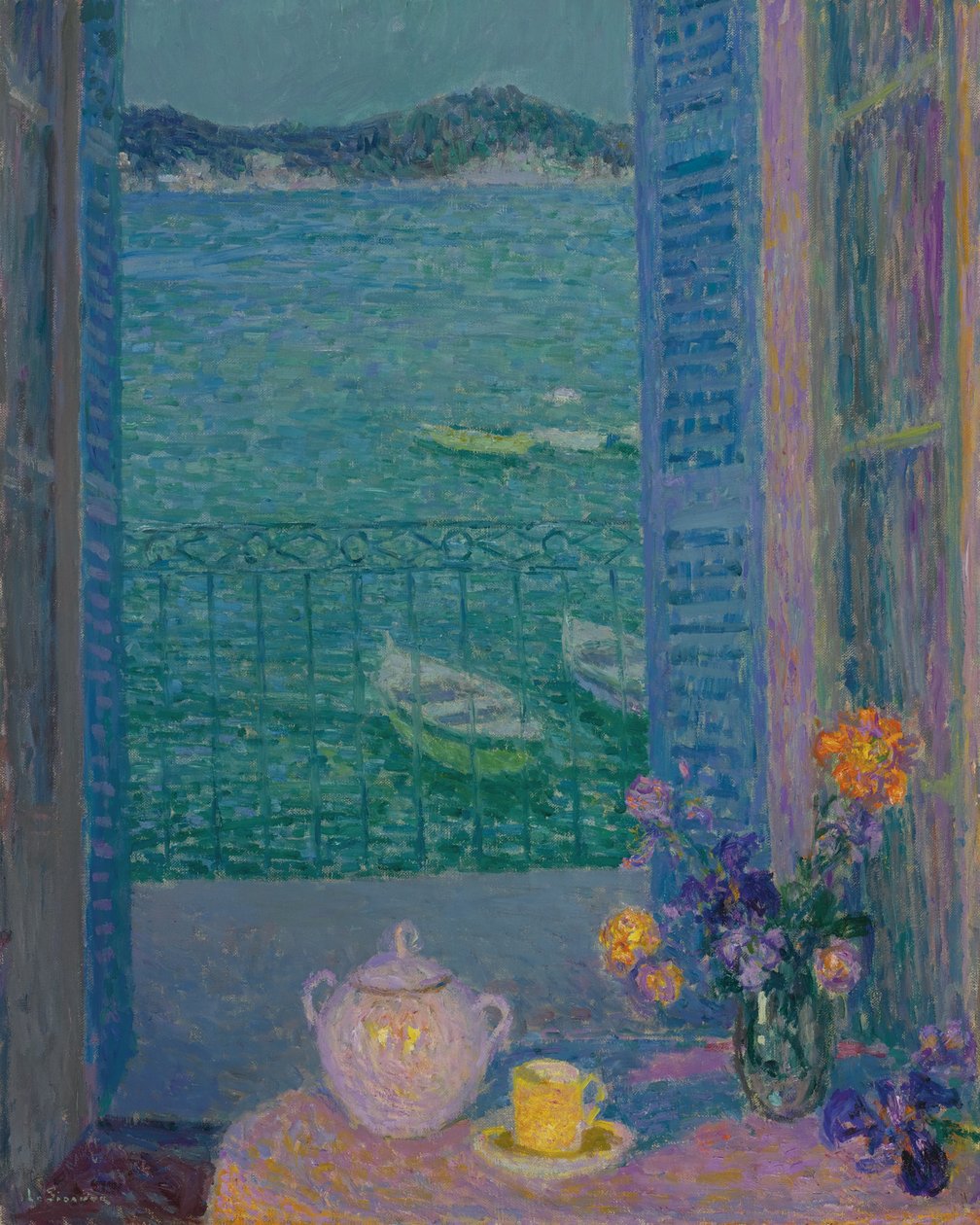 Blumenstrauß am Fenster, Villefranche-sur-Mer, 1928 von Henri Le Sidaner