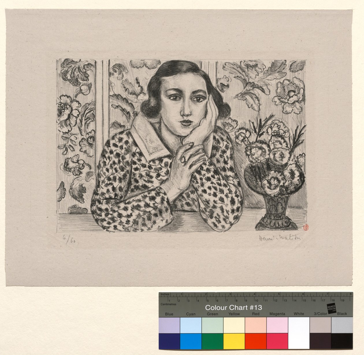 Junges Mädchen, das sich auf einen Paravent stützt: junges Mädchen mit einem Blumenstrauß von Henri Matisse