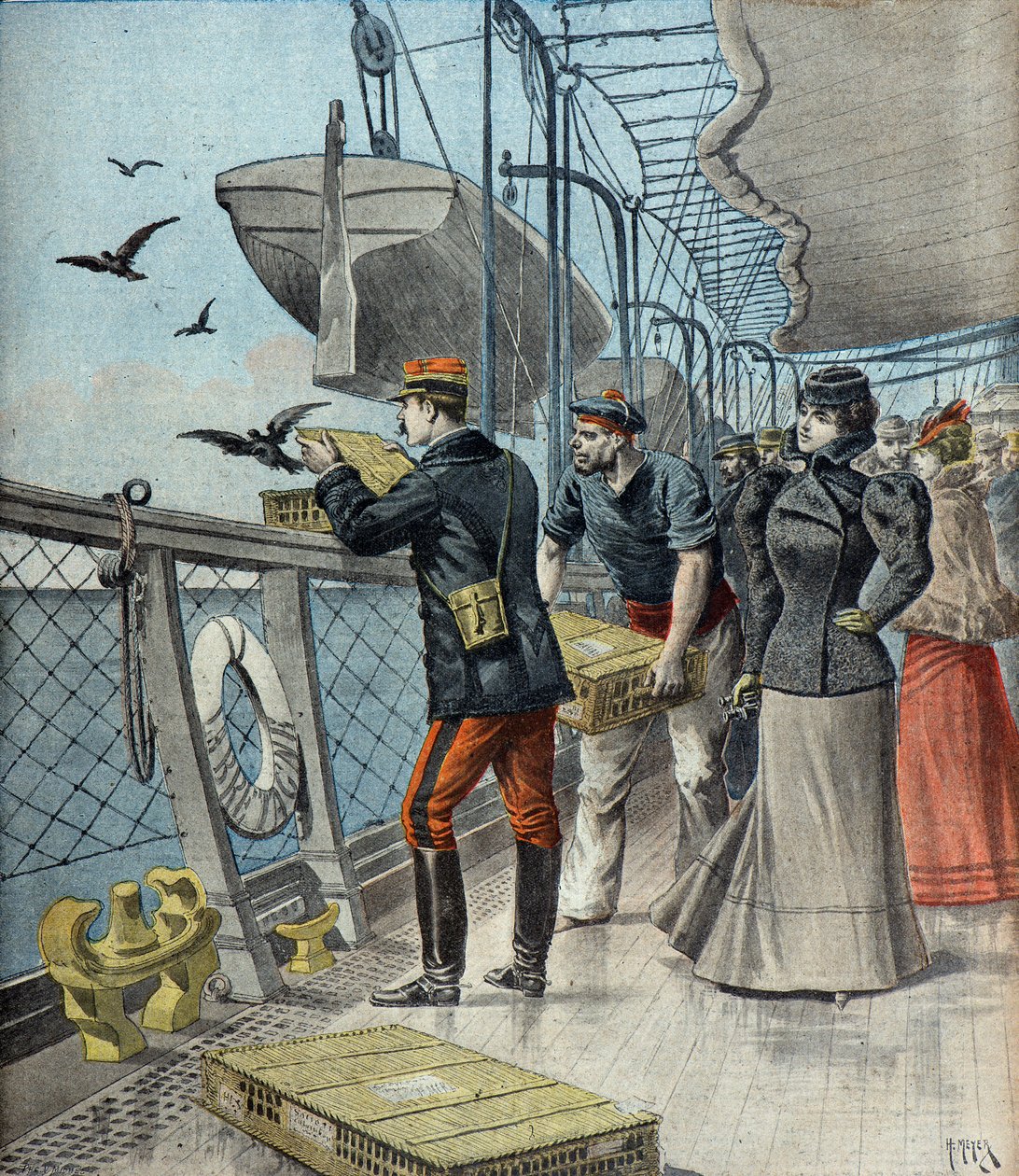 Kapitän Reynaud experimentiert mit Brieftauben an Bord des Liners La Bretagne von Henri Meyer