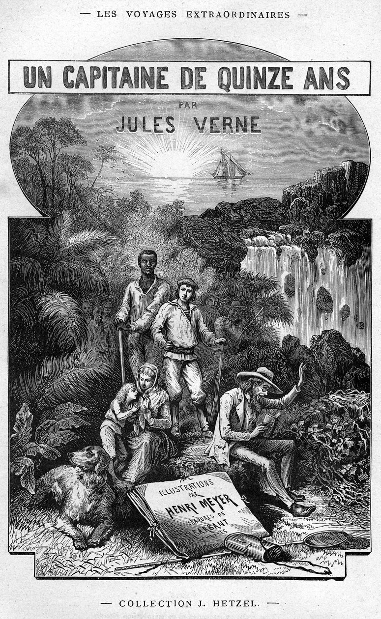 Frontispiz aus Jules Vernes Buch „Ein Kapitän von fünfzehn Jahren“, Hetzel-Ausgabe / Außergewöhnliche Reisen 1878 von Henri Meyer