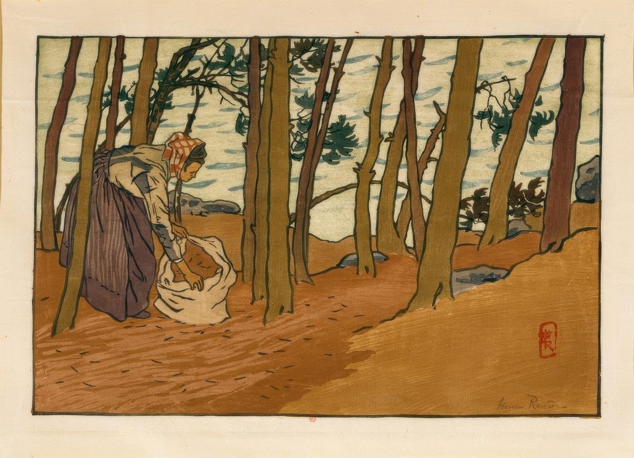 Frau, die Kiefernnadeln sammelt (Ufer des Trieux, Loguivy) von Henri Rivière