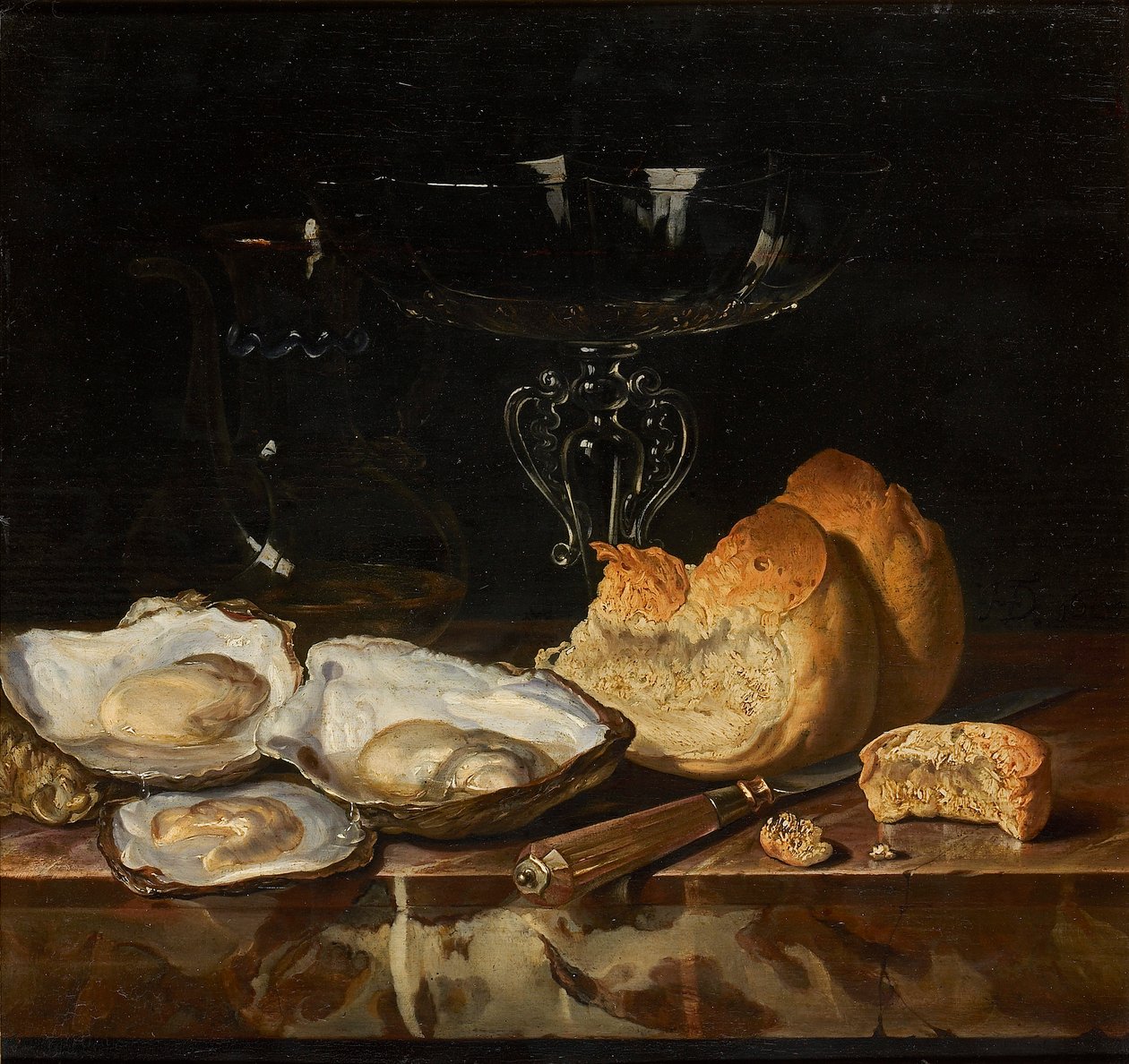 Stillleben mit Austern, Brot und venezianischem Weinglas, 1661 von Henri de Fromantiou
