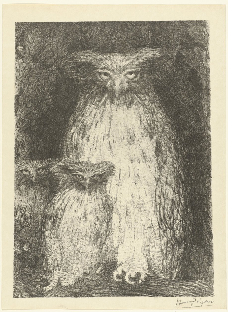 Eule mit zwei Eulenküken auf einem Ast von Henri de Groux