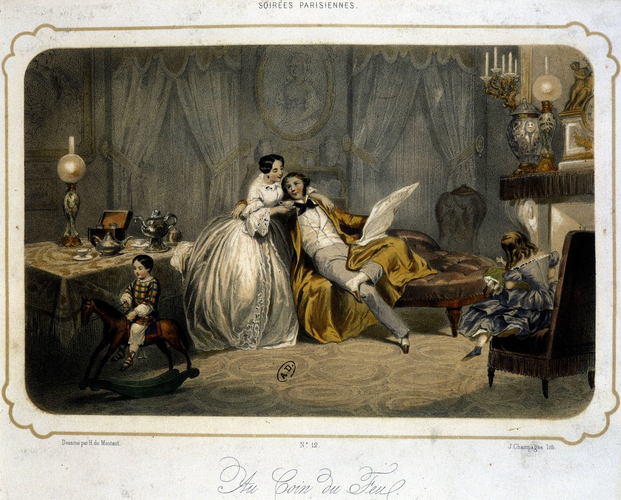 Bürgerliche Familie ruht im Wohnzimmer - Lithographie, ca. 1820 von Henri de Montaut