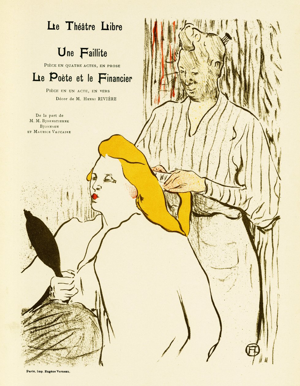 Eine blonde Frau betrachtet sich im Spiegel, während sie sich die Haare frisieren lässt von Henri de Toulouse Lautrec