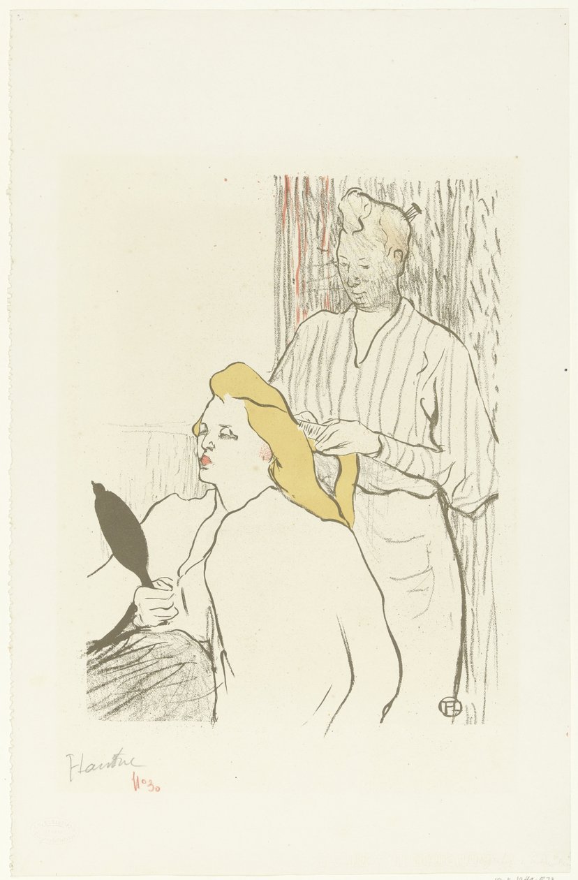 Friseurin kämmt Haare einer sitzenden Frau mit Spiegel in der Hand von Henri de Toulouse Lautrec (signed by artist)