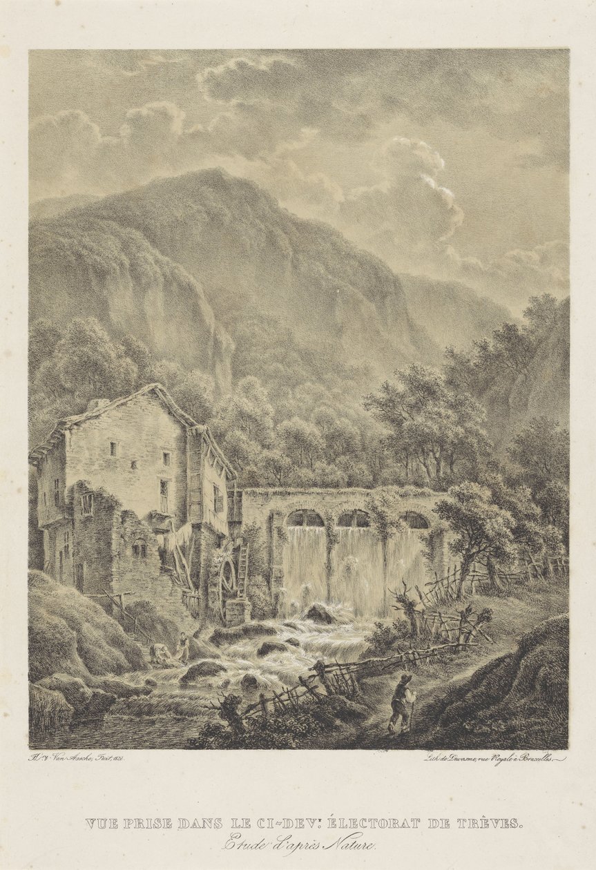 Berglandschaft mit Wassermühle bei Trier Vue prise dans le ci-dev. Électorate de Trèves von Henri van Assche