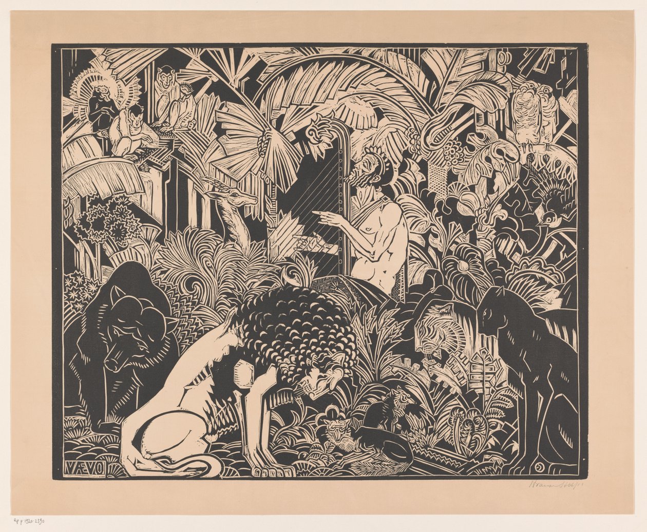 Orpheus spielt auf seiner Harfe für die Tiere von Henri van der Stok (signed by artist)