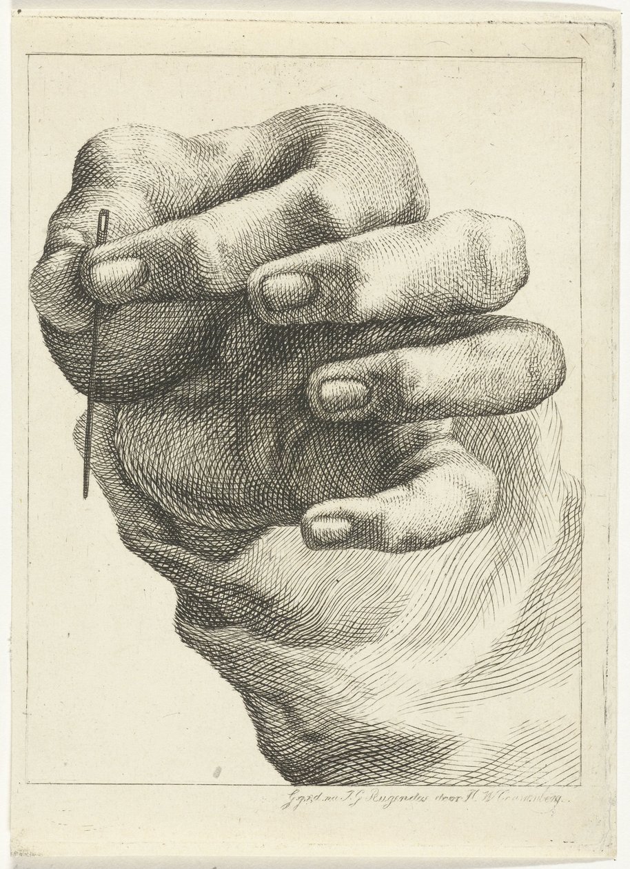 Studie einer Hand mit einer Nadel zwischen Daumen und Zeigefinger von Henricus Wilhelmus Couwenberg