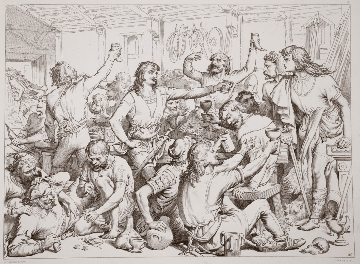 Hereward sieht Martin Lightfoot mit dem Brief abfahren, Illustration aus Hereward the Great von Charles Kingsley, veröffentlicht 1870, graviert von C.G. Lewis von Henry Courtney Selous