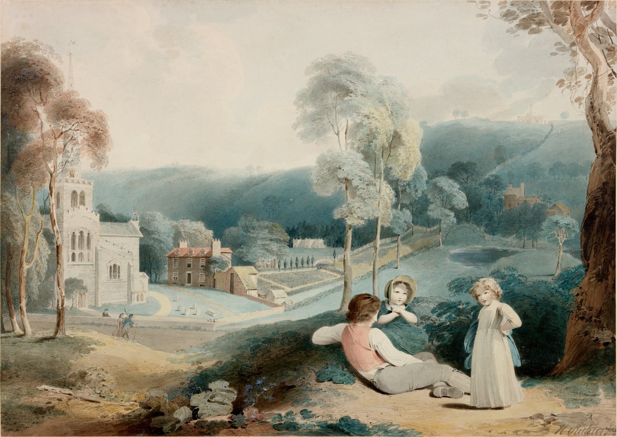 Kinder in Landschaft mit Kirche von Henry James Richter