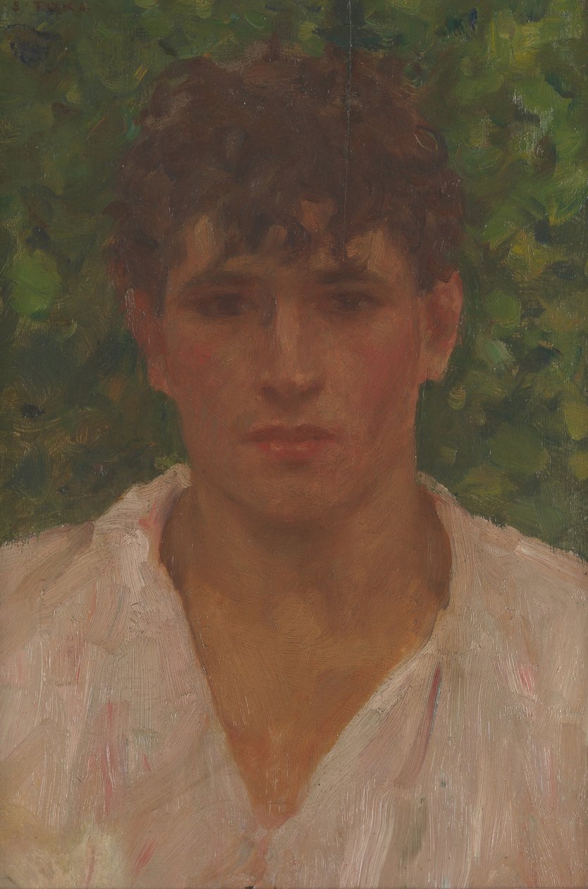 Porträt eines jungen Mannes mit offenem Kragen von Henry Scott Tuke
