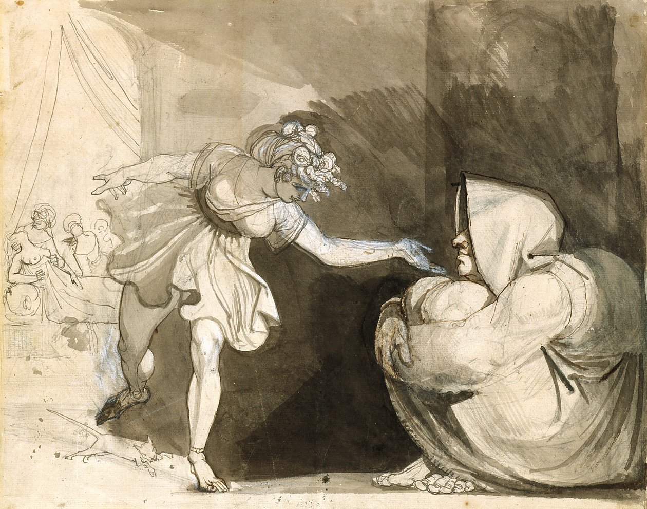 Galinthias überlistet Eileithyia durch die Ankündigung der Geburt des Herakles (Verso: Porträt von Mrs. Fuseli) von Henry (1741-1825) Fuseli