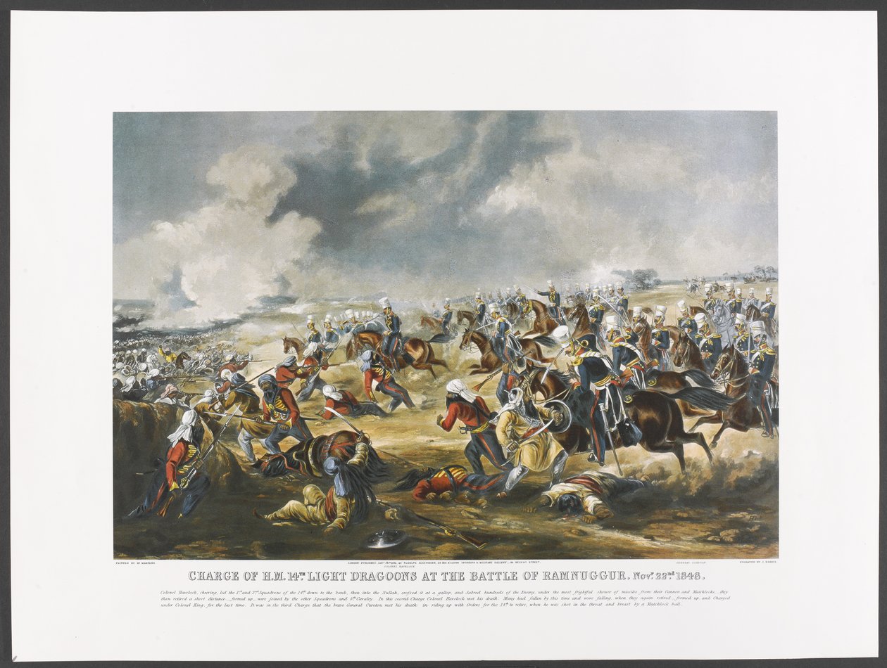 Angriff der H.M. 14. Leichten Dragoner in der Schlacht von Ramnuggur, 22. November 1848 (kolorierte Fotolithografie) von Henry (after) Martens