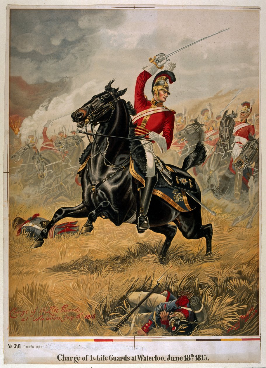 Der Angriff der 1. Life Guards bei Waterloo, veröffentlicht um 1890 (Chromolitho) von Henry A. Payne