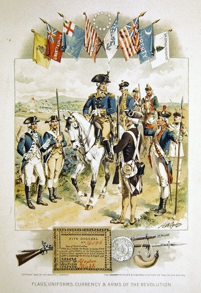 Amerikanische Flaggen, Uniformen, Währungen & Waffen der Revolution, Illustration aus der 