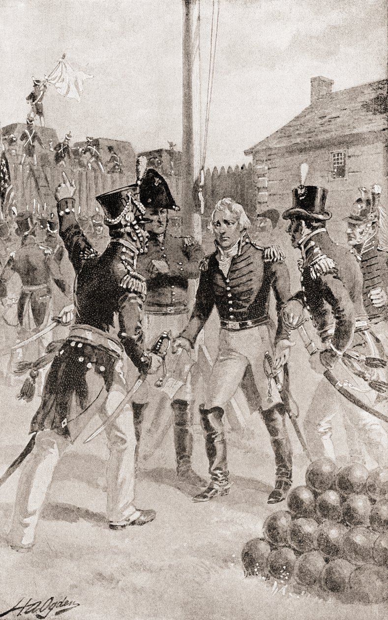 Brigadegeneral William Hull kapituliert das Fort und die Stadt Detroit, Michigan, Amerika während der Belagerung von Detroit, aus Die Geschichte unseres Landes, veröffentlicht 1905 von Henry Alexander Ogden