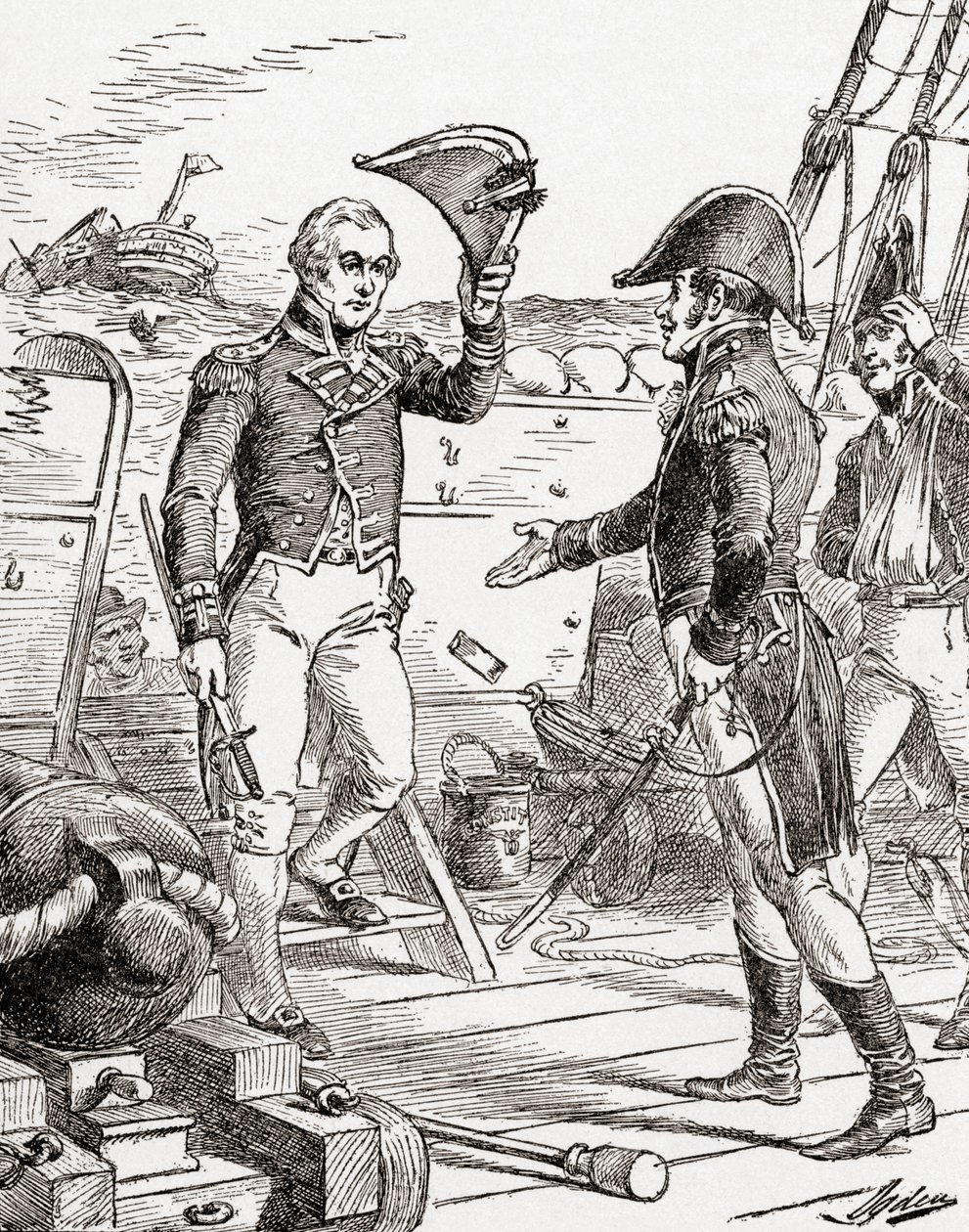 Kapitän Dacres von der HMS Guerriere kapituliert und bietet Kapitän Hull an Bord der USS Constitution nach seiner Niederlage während des Krieges von 1812 sein Schwert an, aus Die Geschichte unseres Landes, veröffentlicht 1905 von Henry Alexander Ogden