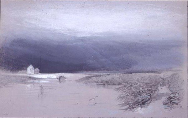 Landschaft mit Fluss und Brücke: Regen kommt auf von Henry Bright