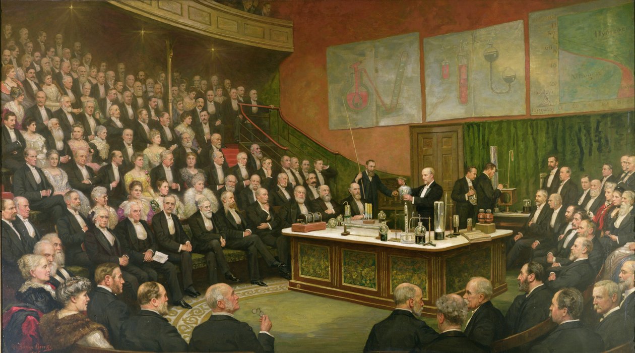 Ein Freitagabendvortrag an der Royal Institution; Sir James Dewar über flüssigen Wasserstoff, 1904 von Henry Brooks
