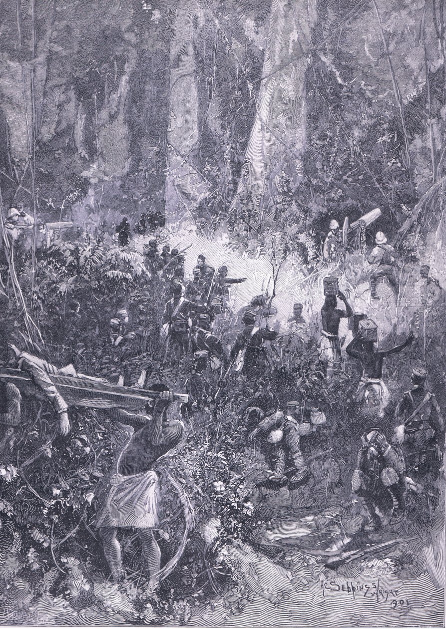 Der Ashanti-Krieg 1900: Ein Kampf im Wald, Illustration aus Cassells Geschichte Englands, 1900er Jahre von Henry Charles Seppings Wright