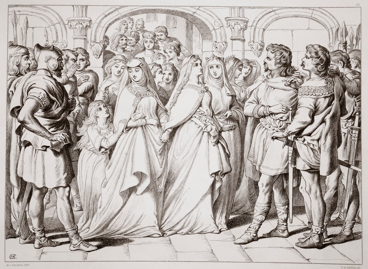 Alftruda erkennt Hereward, Illustration aus Hereward the Great von Charles Kingsley, veröffentlicht 1870, graviert von C.G. Lewis von Henry Courtney Selous