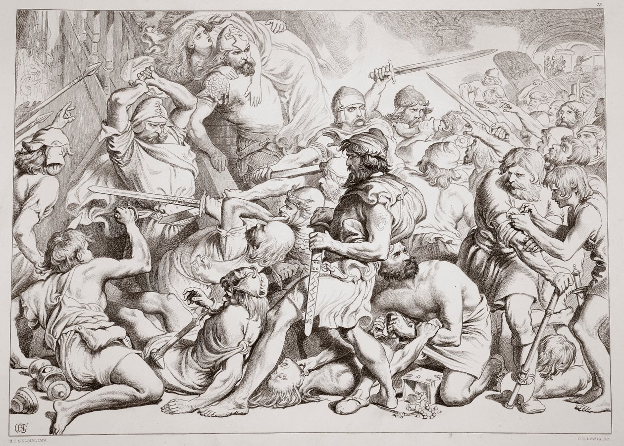 Wie Hereward Alftruda rettet, Illustration aus Hereward the Great von Charles Kingsley, veröffentlicht 1870, graviert von C.G. Lewis von Henry Courtney Selous