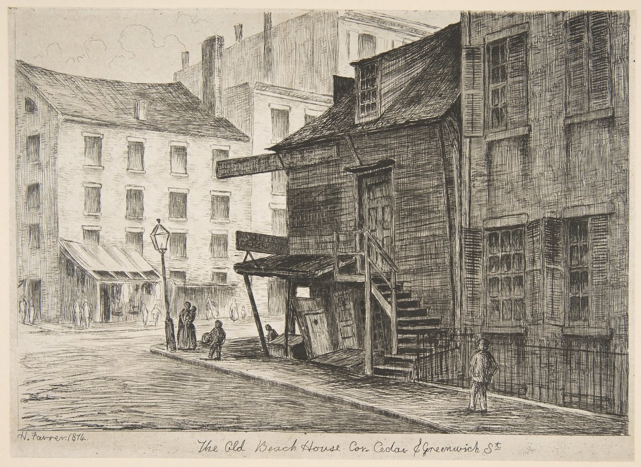 Das alte Strandhaus, Ecke Cedar und Greenwich Streets aus Szenen des alten New York von Henry Farrer