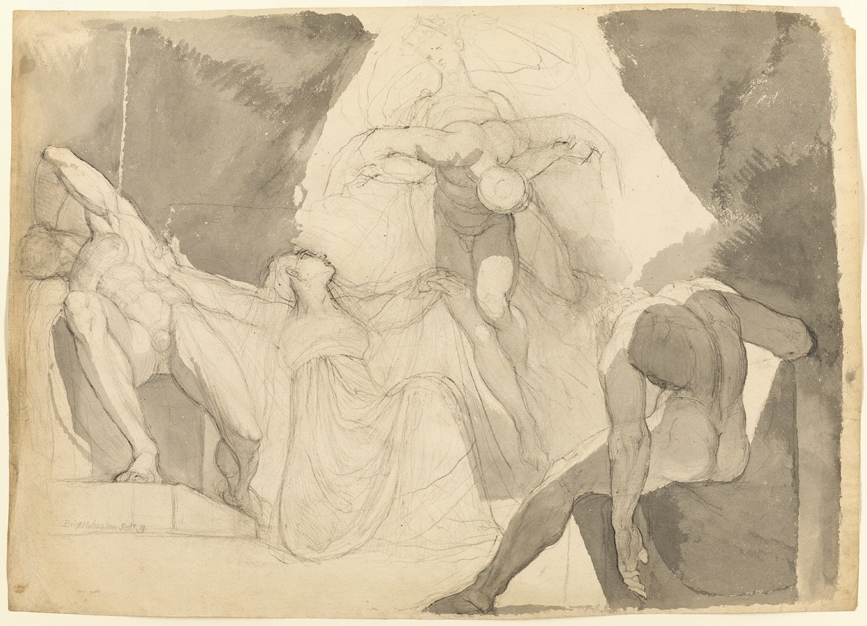 Unterstützt von Eeriboia, trägt Hermes den erschöpften Ares von den schlafenden Söhnen des Aloeus weg (recto); Skizze eines der schlafenden Söhne des Aloeus (verso) von Johann Heinrich Füssli