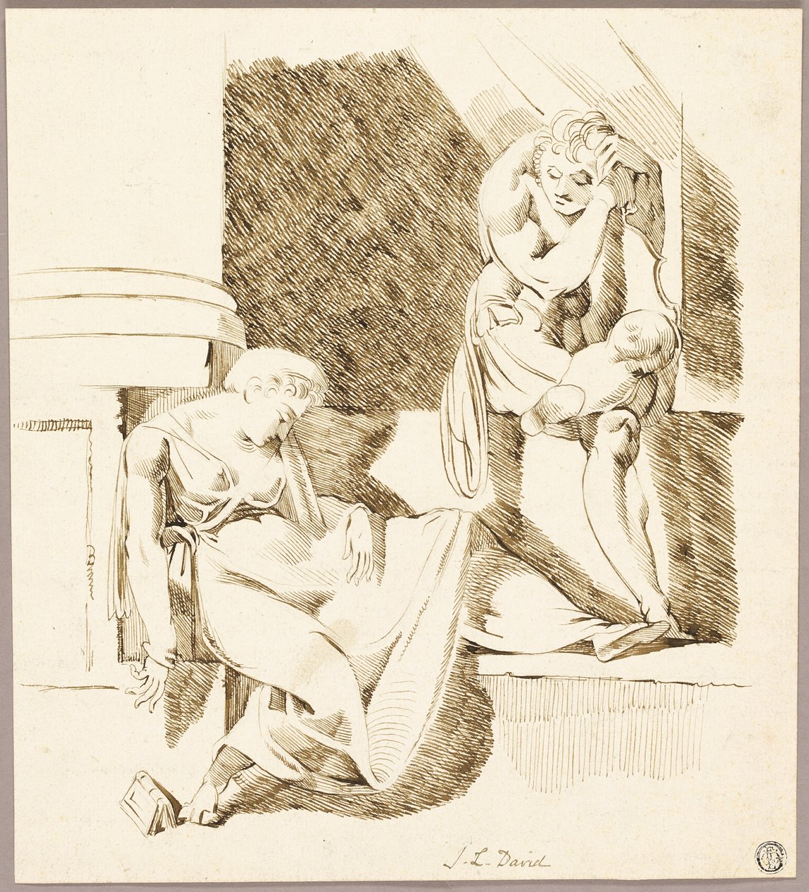 Sitzender Troubadour, der eine schlafende Frau auf einem Sims betrachtet von Johann Heinrich Füssli