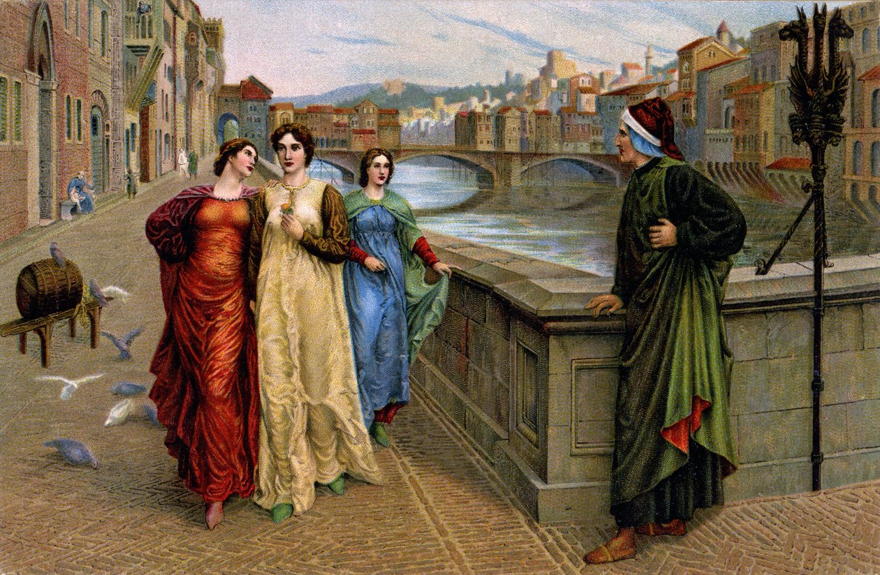 Dante Alighieri trifft seine Muse Beatrice Portinari in Florenz, um 1890 (Druck) von Henry Holiday