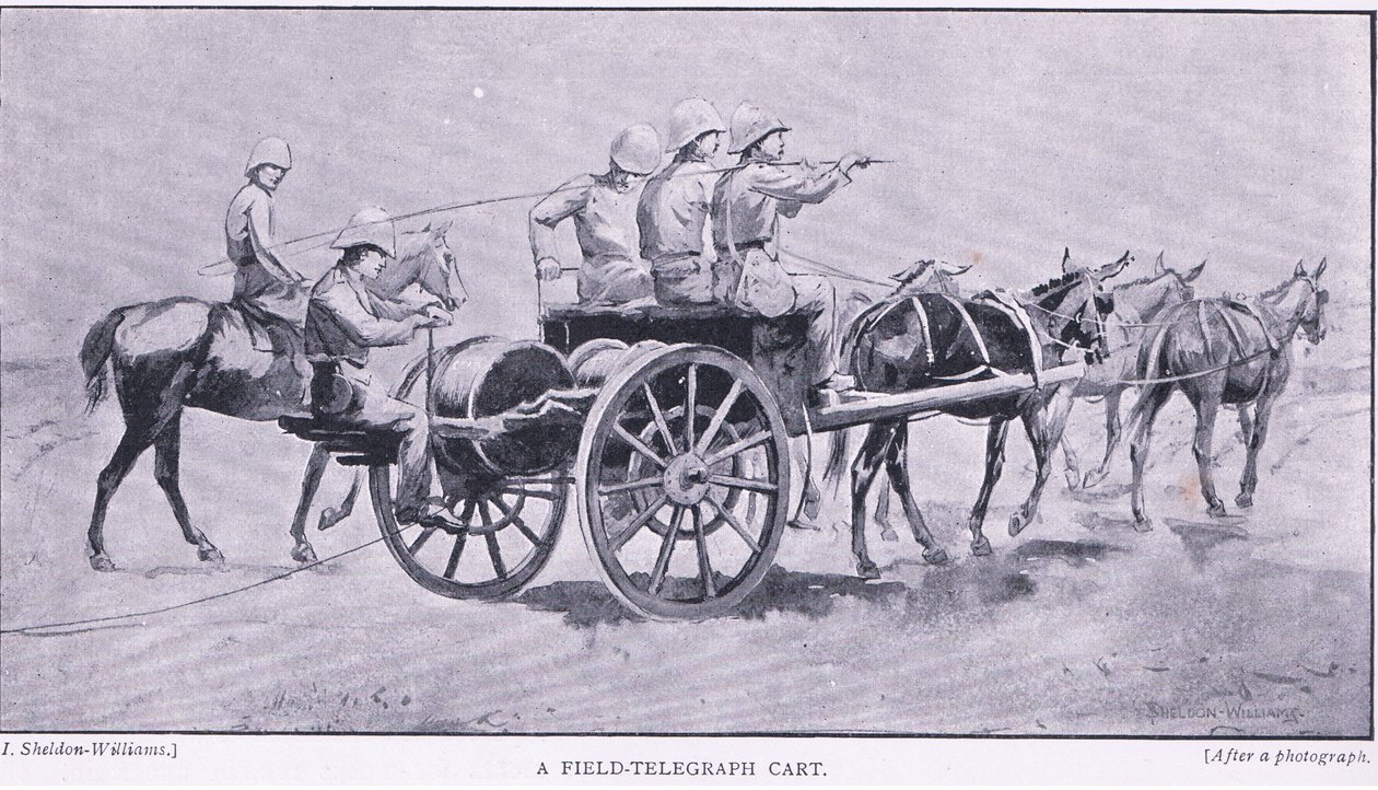 Ein Feldtelegraphenwagen, aus After Pretoria: Der Guerillakrieg veröffentlicht von Harmsworth Bros Limited, 1901 von Henry Inglis Jodrel Sheldon Williams