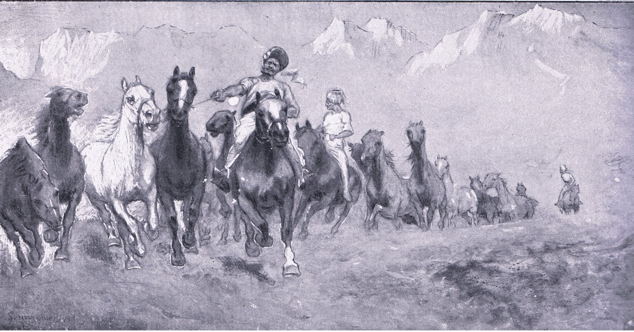 Indische Kulis bringen Remounts nach Stellens bosch, aus After Pretoria: Der Guerillakrieg veröffentlicht von Harmsworth Bros Limited, 1901 von Henry Inglis Jodrel Sheldon Williams
