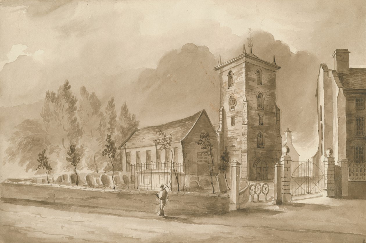 Willenhall Kirche: Sepia-Zeichnung, um 1844 von Henry James Noyes