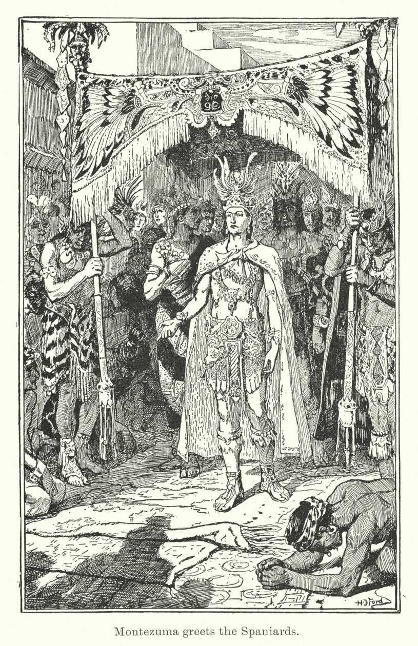 Montezuma begrüßt die Spanier von Henry Justice Ford