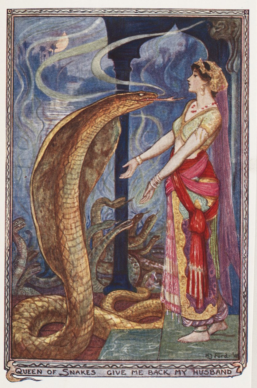 Königin der Schlangen, gib mir meinen Mann zurück, Illustration aus The Olive Fairy Book von Andrew Laing, 1907 von Henry Justice Ford