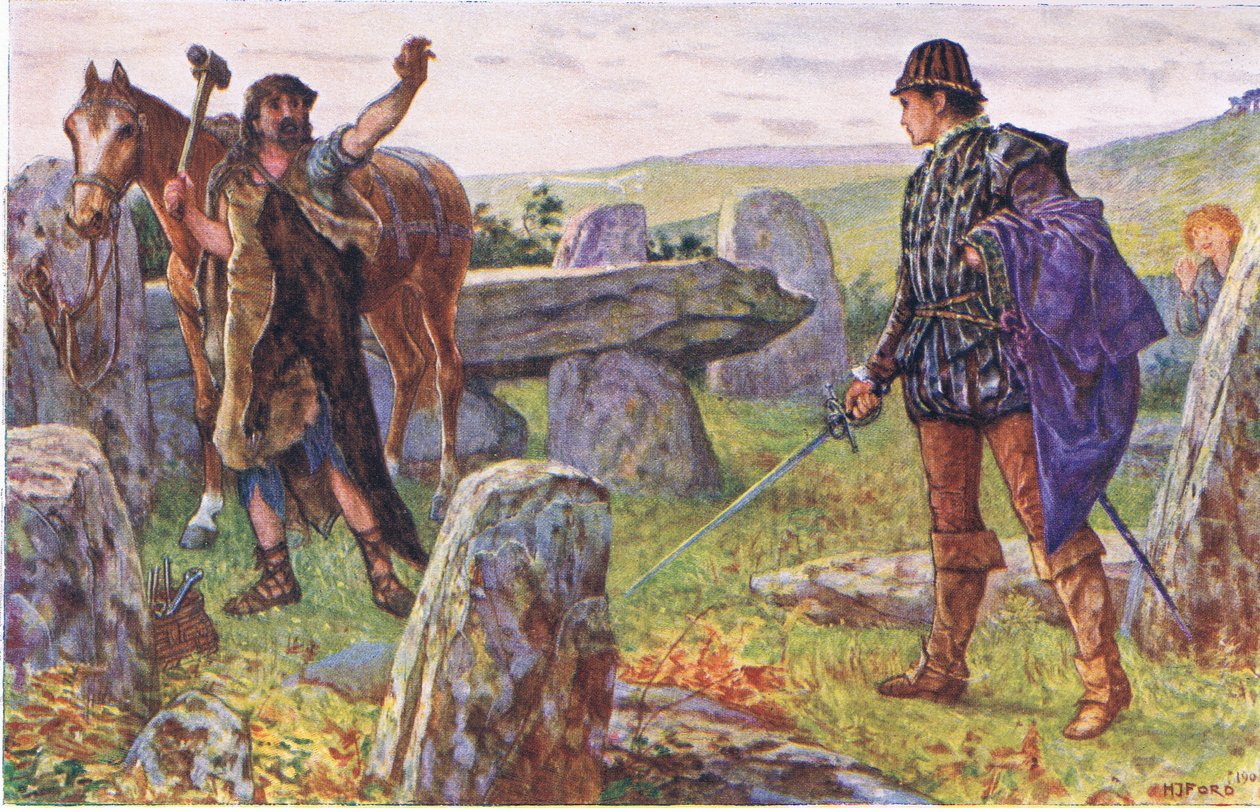 Tresilian konfrontiert den mysteriösen Hufschmied, Illustration aus Kenilworth, ca. 1910 von Henry Justice Ford