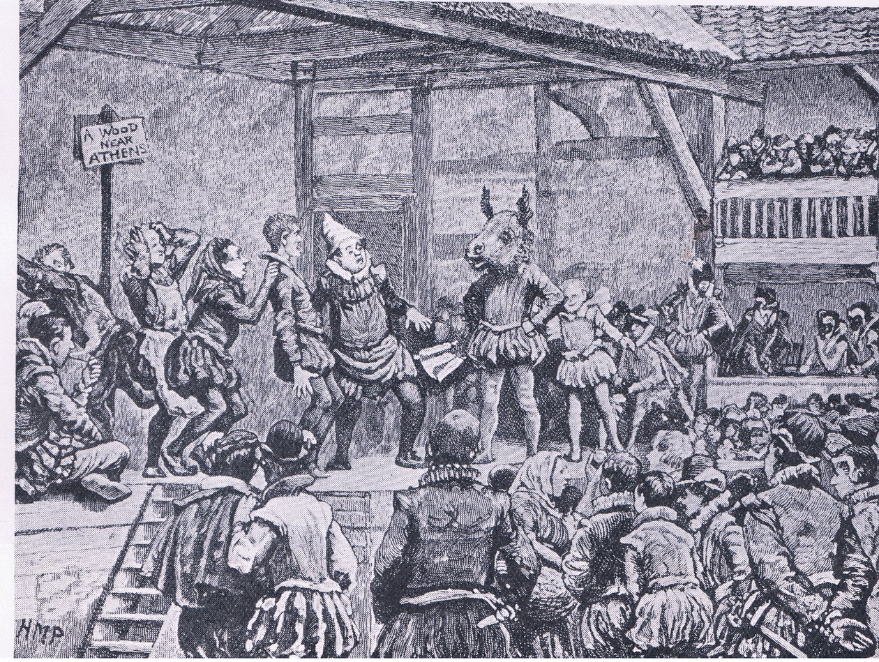 Ein Sommernachtstraum, aufgeführt in einem elisabethanischen Theater, aus Cassells Geschichte des britischen Volkes, veröffentlicht von der Waverley Book Company, ca. 1950er Jahre von Henry Marriott Paget