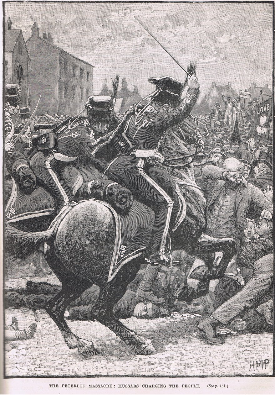 Das Peterloo-Massaker mit den Husaren, die das Volk angreifen, Illustration aus Cassell