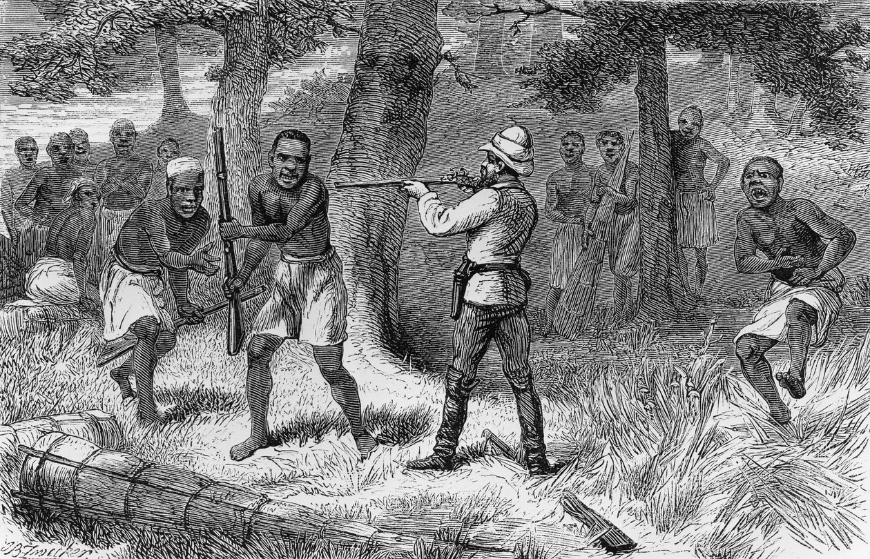 Einheimische rebellieren entlang des Gombe-Flusses, Tansania, Kupferstich aus Wie ich Livingstone fand: Reisen, Abenteuer und Entdeckungen in Zentralafrika, von Henry Morton Stanley, Sampson Low, Marston, Low und Searle Ausgabe, London von Henry Morton Stanley