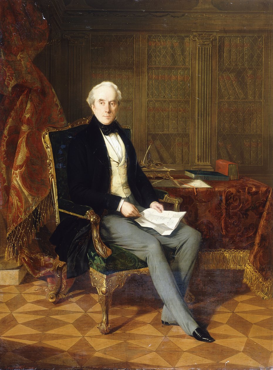Porträt von Henry Pelham-Clinton, K.G., 4. Herzog von Newcastle, ein Dokument haltend, in seinem Arbeitszimmer, 1850 von Henry Nelson ONeil