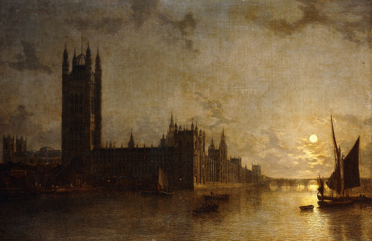 Westminster Abbey, die Houses of Parliament mit dem Bau der Westminster Bridge, 1859 von Henry Pether