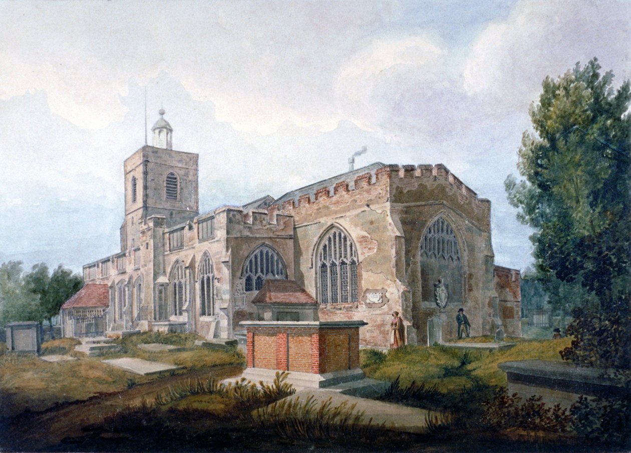 Südostansicht der Kirche St. Dunstan, Stepney, London, ca. 1820 von Henry Sass