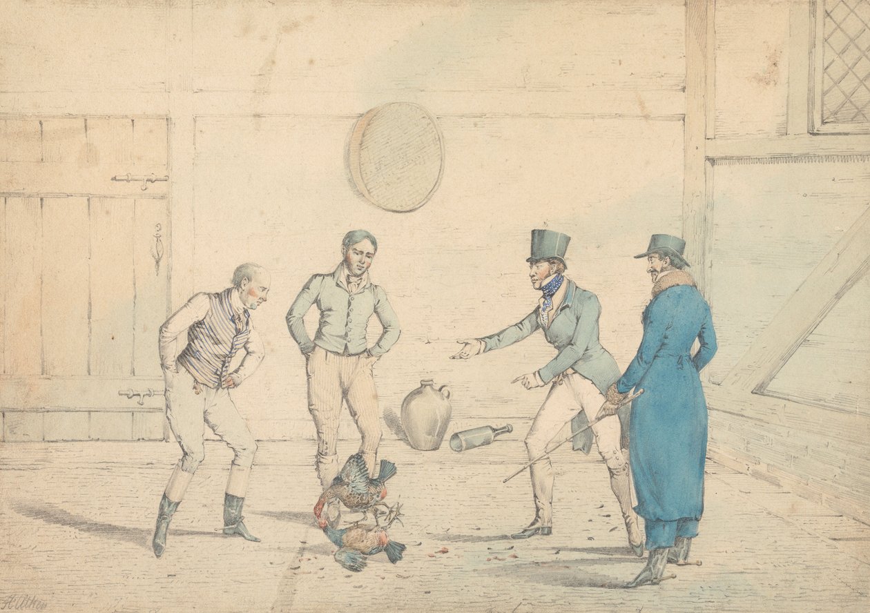 Ein von vier Männern in einem Nebengebäude beobachteter Hahnenkampf: Der Kampf, gestochen als Tafel 39 in "The National Sports of Great Britain" von Henry Thomas Alken