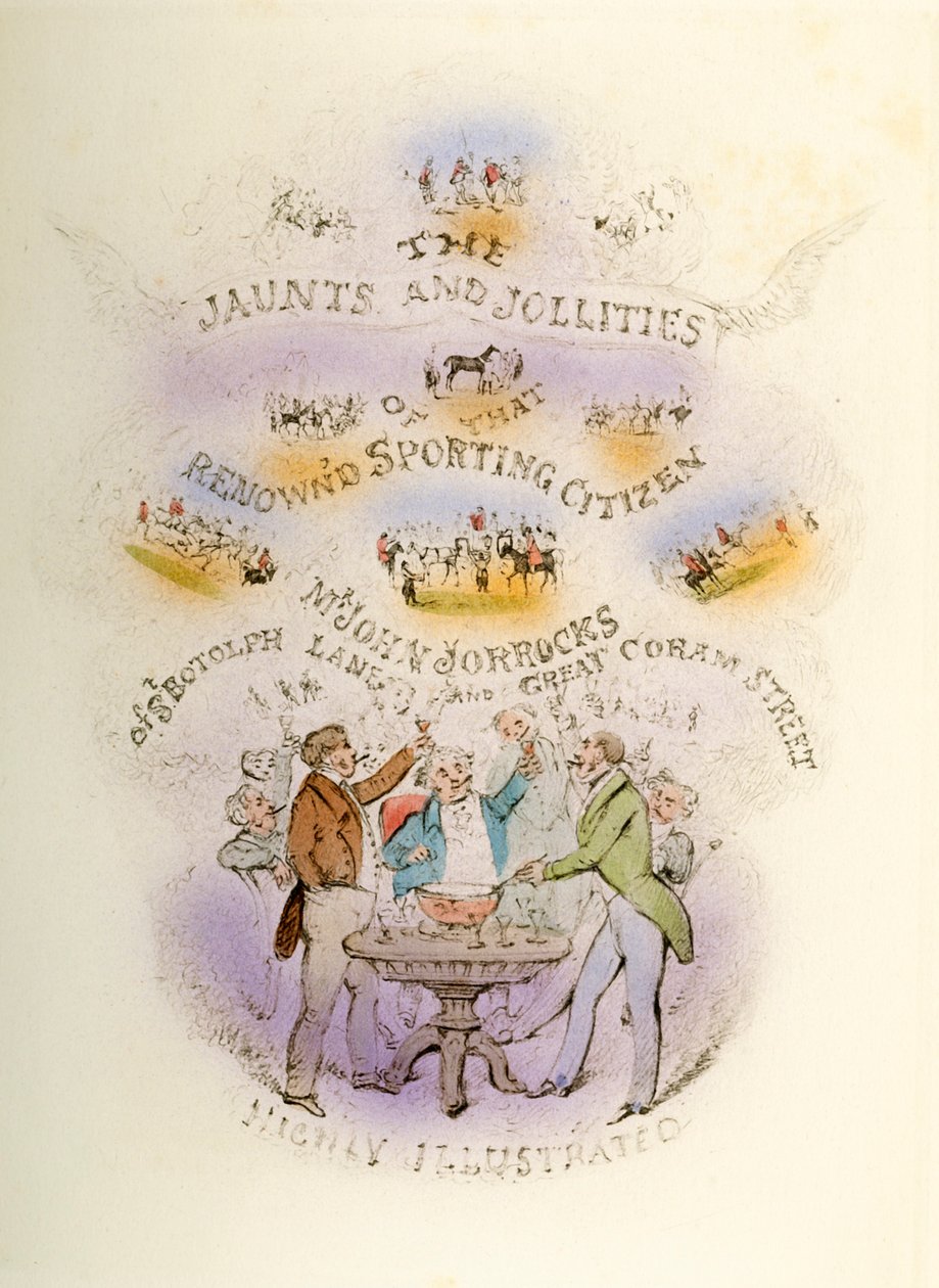 Frontispiz, Jorrockss Jaunts and Jollities, reich illustriert, 1838 von Henry Thomas Alken