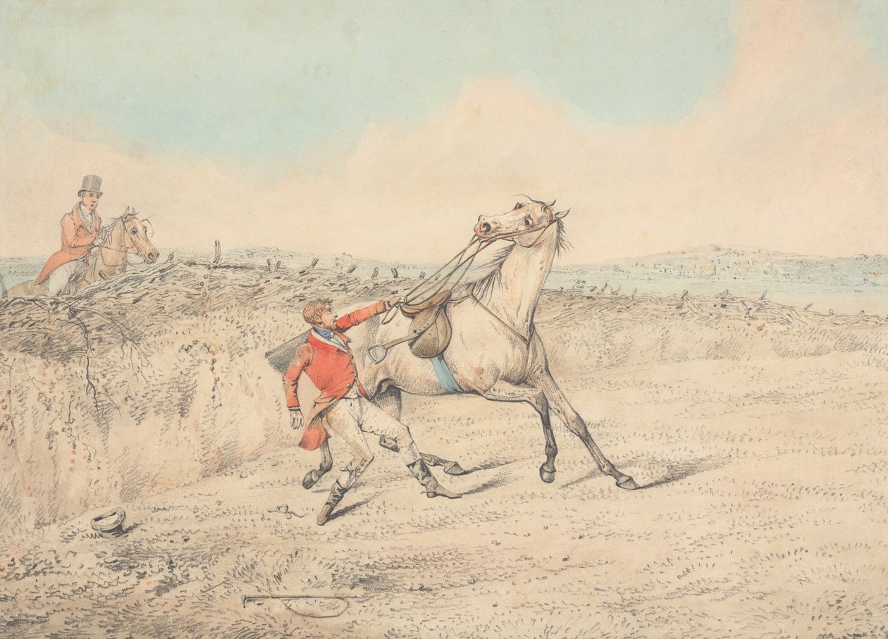 Reiter, der sich nach einem Sturz an einem grauen Pferd festhält von Henry Thomas Alken
