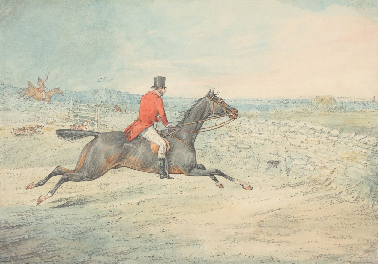 Reiter auf einem braunen Pferd an einer Mauer von Henry Thomas Alken