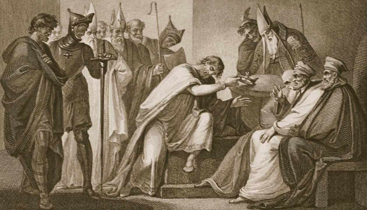 Eduard II. legt seine Krone nieder, graviert von Schiavonelli, Illustration aus David Humes 