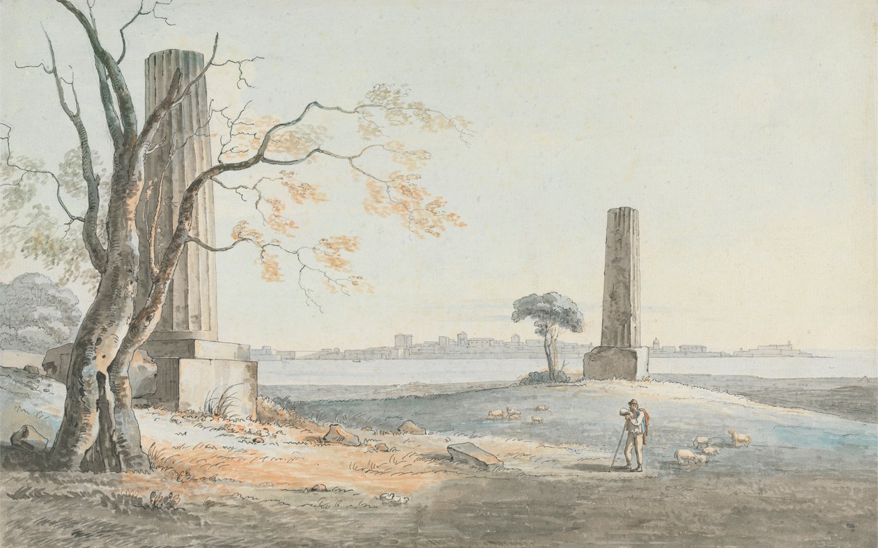 Überreste des Tempels des Olympischen Zeus mit Blick auf Ortygia, Syrakus von Henry Tresham
