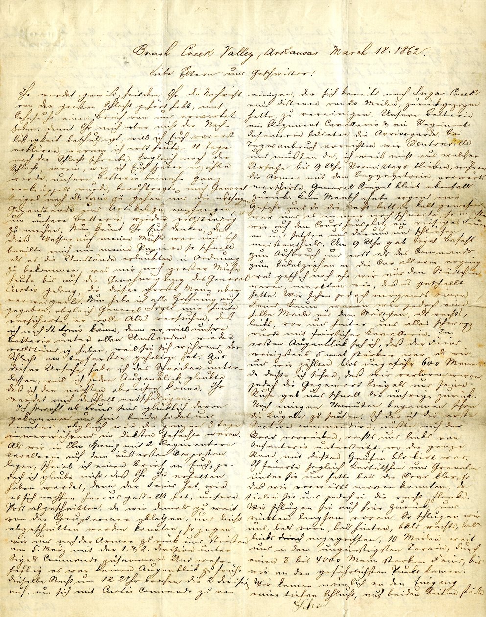 Brief unterschrieben Henry [Henry Voelkner], Brush Creek Valley, Arkansas, an seine Eltern, Brüder und Schwestern, 18. März 1862 von Henry Voelkner